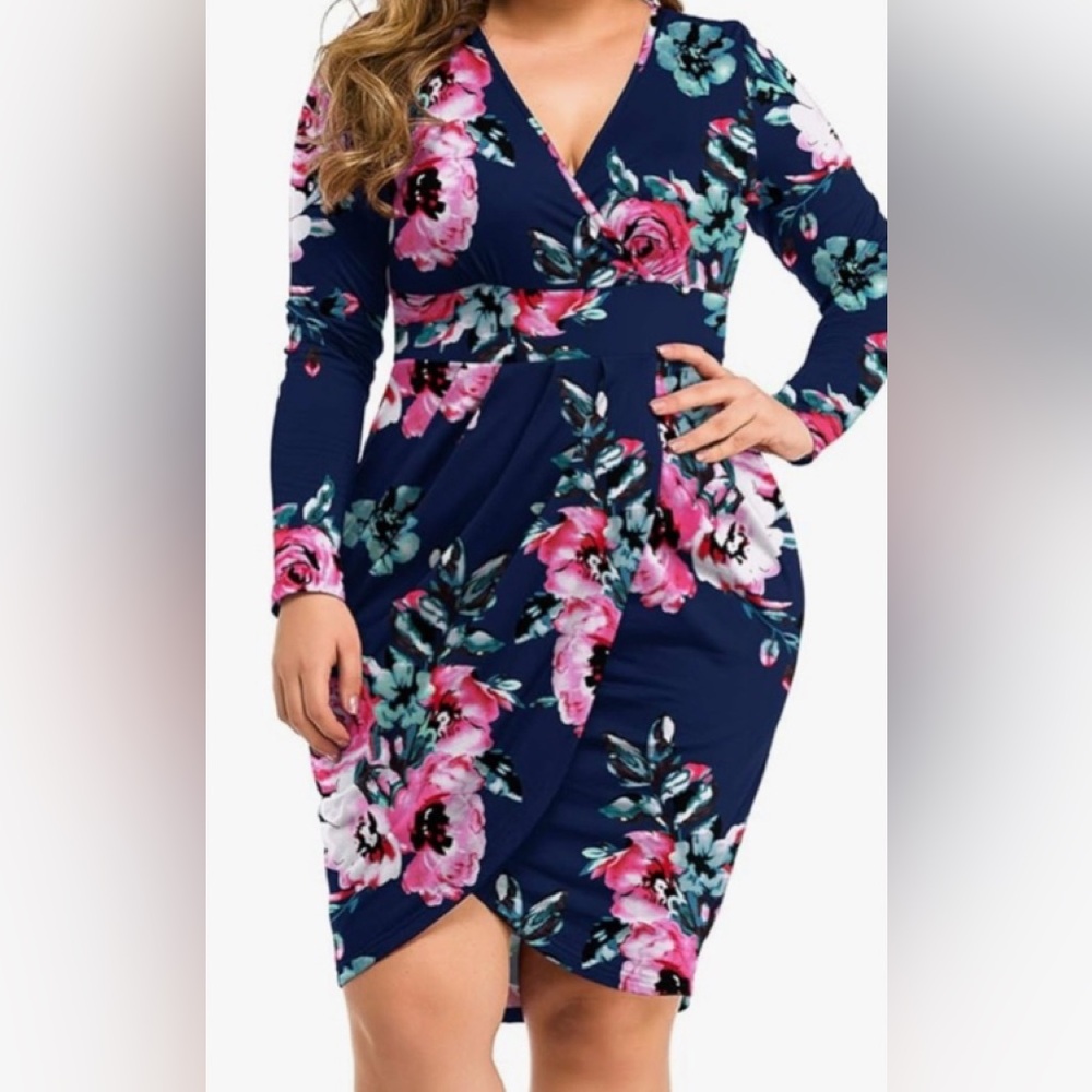 🆕 Navy Floral Long Sleeve Bodycon Dress (3XL)
